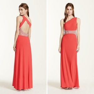 NWT David's Bridal One Shoulder Cut Out Silver Rhinestone Waist Coral Dress Sz 0